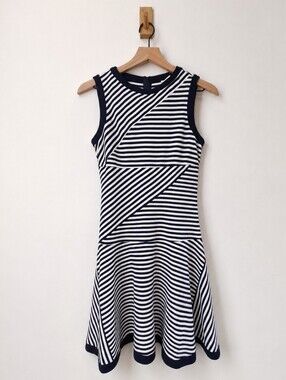 Julia Jordan Navy White Geometric Striped Fit & Flare Sleeveless Dress Size 4